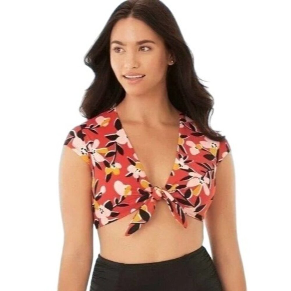 Beach Betty Miracle Brands Bikini Top Cap Sleeve Tie Front Cups - Floral Red - M
